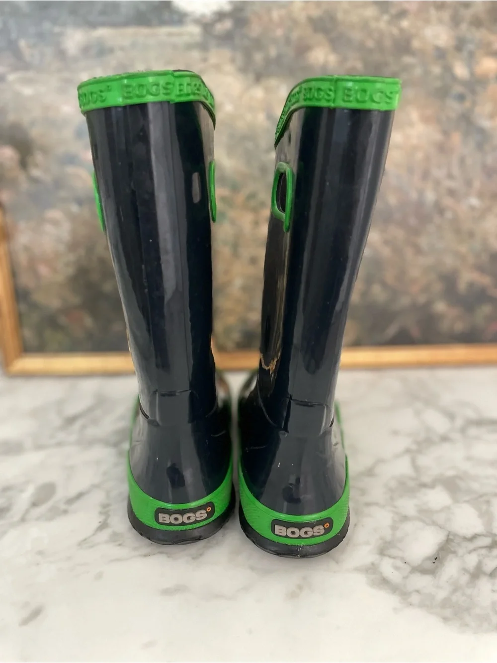 Bogs kids boots size 13 navy blue green waterproof rain snow pull on